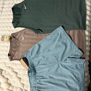 Nike Dri-FIT Tank Tops and Athletic Shorts in Forest Green, Taupe & Dusty Blue